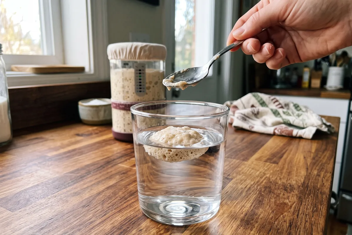 Sourdough starter floating in a glass of water during the float test