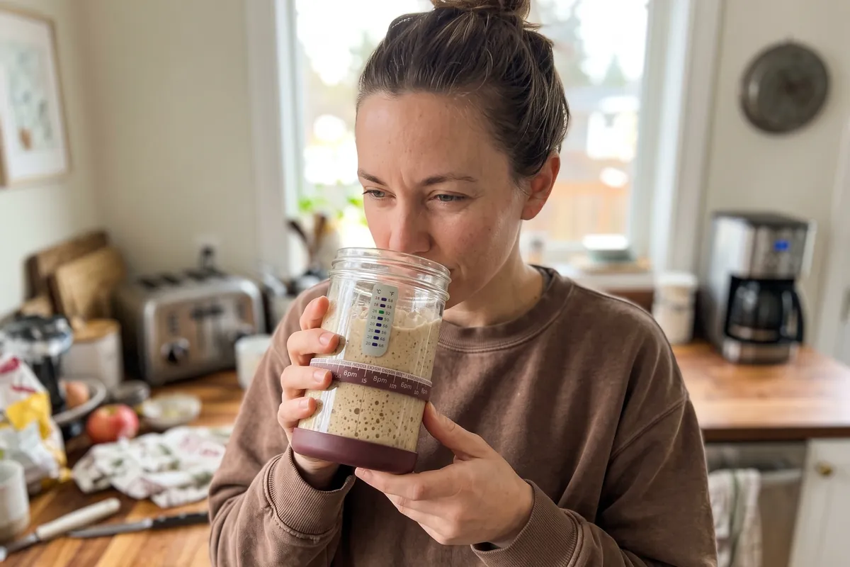 A baker smelling a jar of sourdough starter to check its aroma